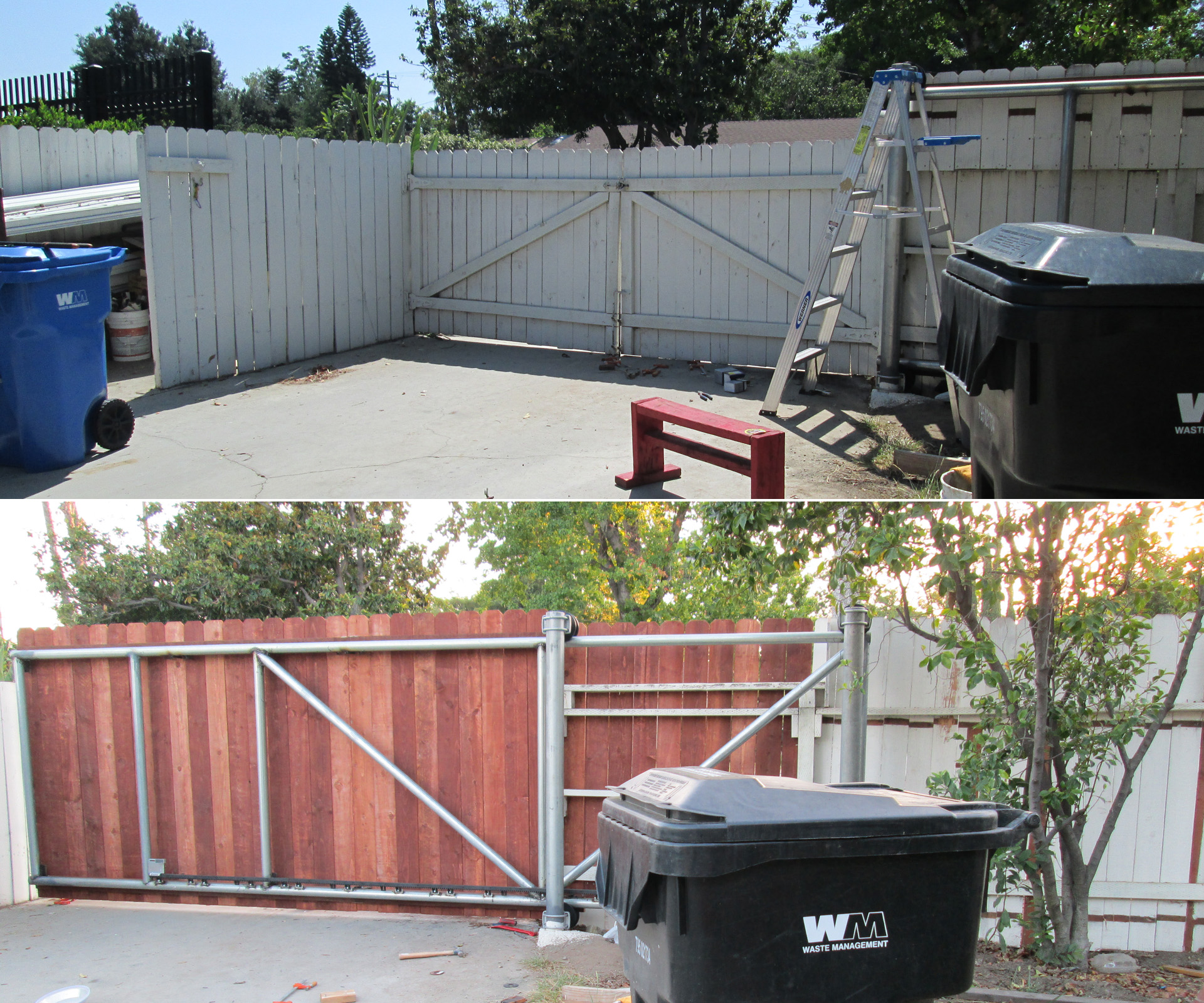 Remove the old gate and attach the fencing board. Check out the time-lapse!