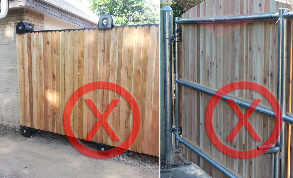 Two fencing board mounting methods that won't work me: (Left) boards cut short and cantilever rollers exposed; (right) board mounted flush against the pipe frames.